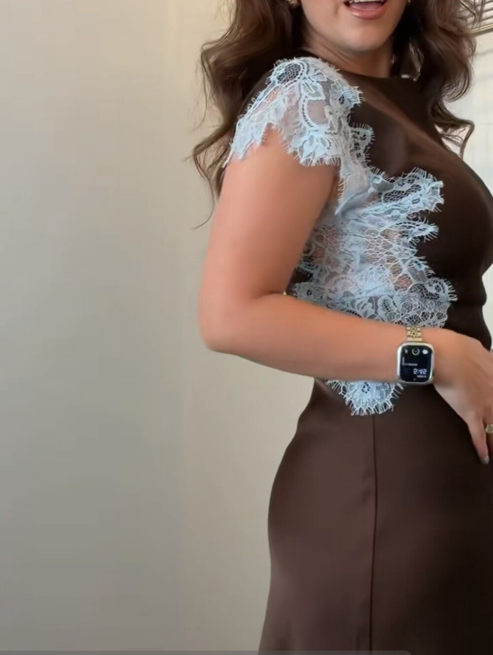 Elegant Brown Maxi Dress with Blue Lace Trim